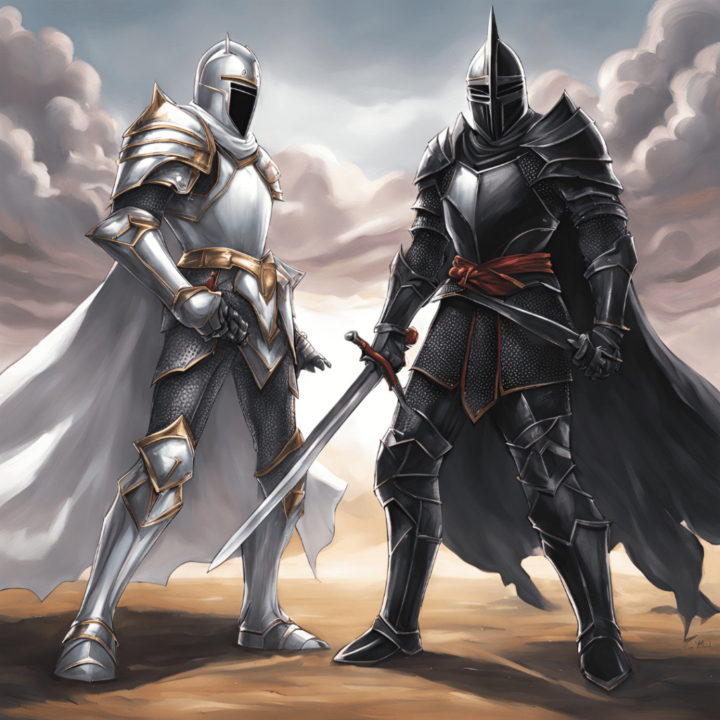 A white knight vs a dark knight showing different types of SEO.